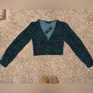 Lulus Love Always Forest Green Polka Dot Long Sleeve Crop Top Size XS NWT